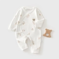 White newborn cotton romper with brown bear print and side tie closure flat lay view - 52 / Orange Hat Bear
