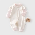 Pink floral cotton baby romper with bear prints, ruffle shoulders and bow detail - 73 / All-over Print Pink Rabbit