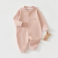 Pink ribbed cotton baby romper with long sleeves and cute puppy embroidery detail - Size 59 / Pink