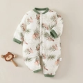 Quilted beige newborn romper with raccoon and palm prints and green ribbed cuffs - Size 59 / Raccoon Stroll