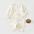 Detail of baby cotton romper with pink floral prints and convenient snap button closure - 73 Size / Pink Pomegranate