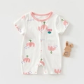 Short sleeve baby romper in pure cotton with pink floral prints and flower embroidery - Size 59 / Pink Tulip