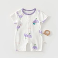 Short sleeve cotton baby romper with purple elephant print and floral detail - Size 59 / Purple Tulip
