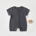Detail of grey baby short-sleeve romper showing fabric texture and wooden teether - Dark Gray