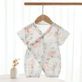 Bamboo cotton summer baby romper featuring soft watercolor pink pumpkin print - Size 59 / Green Pumpkin - Short Sleeve Romper