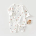 Close-up of baby romper with strawberry print showing tie closure and snap buttons - 52 / Strawberry