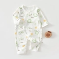 Detail of baby cotton onesie featuring side ties and green apple and bear pattern print - 52 / Apple