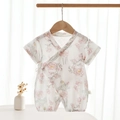 Bamboo cotton gauze baby romper with pink lotus print and side-tie kimono design - Size 59 / Pink Lotus - Short Sleeve Romper