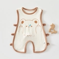 Detail view of cotton baby bodysuit showing bear print and side strap closures - Size 59 / Brown Sleeping Bear