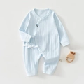 Close-up of light blue ribbed cotton baby romper with ribbon ties and crown logo - 52cm / Crown Blue
