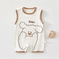 White sleeveless baby romper with cute sheep print and tan trim in soft cotton - Size 66 / Baby Sheep - Sleeveless Romper
