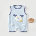 Close-up of light blue baby romper with cartoon puppy and snap buttons on shoulders - Size 100 / Long Ear Dog - Blue - Sleeveless Romper