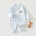 Close-up of light blue baby romper with ribbed texture and puppy embroidery detail - Dachshund Blue
