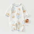Detail view of cotton baby bodysuit with hot air balloon prints and blue ribbed cuffs - Size 59 / Blue Circus Bear