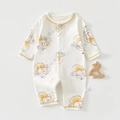 Detail of baby cotton romper with cartoon sheep print and woven size label - Size 59 / Yellow Moon Rabbit