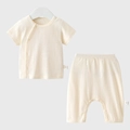 Baby summer cotton knit set with short sleeve top and long pants in cream white - 73 Size / Milk Yellow