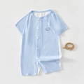 Close-up of light blue summer baby romper with elephant embroidery and vertical textures - Size 66 / Pure Blue Elephant