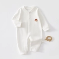 Detail of white rib-knit baby romper with house patch and button closure 100% cotton - Size 59 / Pure White