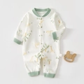 Detail of newborn cotton long-sleeved romper with giraffe print and snap buttons - 59 / Green Leaf Giraffe