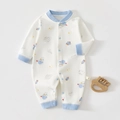 Detail view of cotton baby romper with space prints, blue ribbed cuffs, and size tag - 59 / Blue Space Tour
