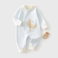 Detail of baby romper featuring snap button closure and cute bear on moon print - 73 Size / Moon Bear Blue