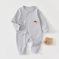 Macro detail of 100% cotton ribbed baby romper with soft fabric texture and house embroidery - 52cm / Fog Blue