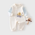 Cotton baby romper with blue long sleeves and cartoon excavator print in beige white - 73 / Beige Blue Excavator