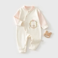 Baby cotton romper with cream body, pink sleeves and rabbit floral embroidery detail - 73 / Pink Wreath Rabbit