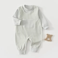 Flat lay of soft cotton baby set with green checkered overalls and gray inner shirt - Gingham Green