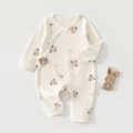Dettaglio tutina neonato in cotone con stampa orsetto, bottoni laterali e ricamo 3D - 52cm / Crema Testa d'Orso