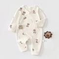 Detail of baby organic cotton romper featuring cute bear print and soft side label - 52cm / Cream Brown Bear