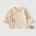 Detail of baby organic cotton kimono top with ribbed texture and small fish embroidery - 52cm / Apricot (Dove)