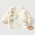 Quilted newborn thermal top featuring cute panda applique and hand-drawn animal prints - 52cm / Khaki Happy Panda
