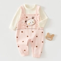 Detailed flat lay of baby cotton set with pink polka dot overalls and cute bunny patch - 66 / Off-White Pink Rabbit
