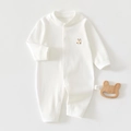 Dettaglio body neonato in cotone bianco con trama a costine e ricamo a orsetto - Taglia 59 / Bianco