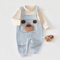 Detailed flat lay of baby autumn set featuring beige top and blue dog overall pants - 66 / Beige Blue Dog