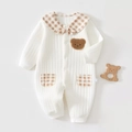 Pagliaccetto neonato in cotone bianco con colletto a quadri e ricamo orsetto morbido - Taglia 59 / Farfallino Orsetto con Revers (Pagliaccetto Caldo)