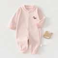 Detail of baby pink knit bodysuit featuring cute puppy embroidery and snap buttons - 66 / Pink