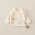 Off-white newborn organic cotton wrap shirt with cartoon bear print and 3D flower applique - Cherry / 52cm