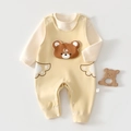 Detail of baby striped romper set featuring a 3D brown bear patch and cotton fabric label - 73 Size / Yellow Dorky Bear