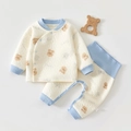 Padded cotton baby thermal sleepwear set with blue trim and cute teddy bear prints - 59 / Blue Teddy Bear