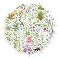 Mise à plat de stickers botaniques à l'aquarelle illustrant divers motifs de fleurs et plantes - 50