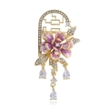 Elegant Chinese style peony brooch with purple enamel flower and dangling crystals - Purple (B322-A)