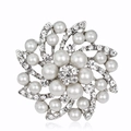 Elegant silver flower brooch with white pearls and sparkling zircons on white background - White (C035-A)