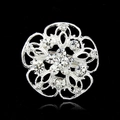 Sparkling silver floral brooch with clear rhinestones on a minimalist black background - Hollow Flower Style (D015-A)
