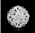 Elegant hollow silver-tone round brooch featuring clear rhinestones in a petal-like pattern - Silver Plated D016-A