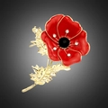 Close-up of red poppy brooch with gold edges, enamel petals and sparkling rhinestones - AL017-A Red Rhinestone