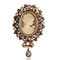 Vintage cameo brooch with lady profile, crystal tassels, and antique gold-tone finish - Gold Brown Style (C048-B)