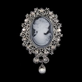Vintage Silber-Kamee-Brosche mit Kristallquaste und eleganter Frauen-Silhouette - Antiksilber-Damenstil (C048-A)