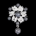 Silver snowflake brooch with grey pearls and black crystals on a dark background - Gray Pearl Silver Tone (C006-B)